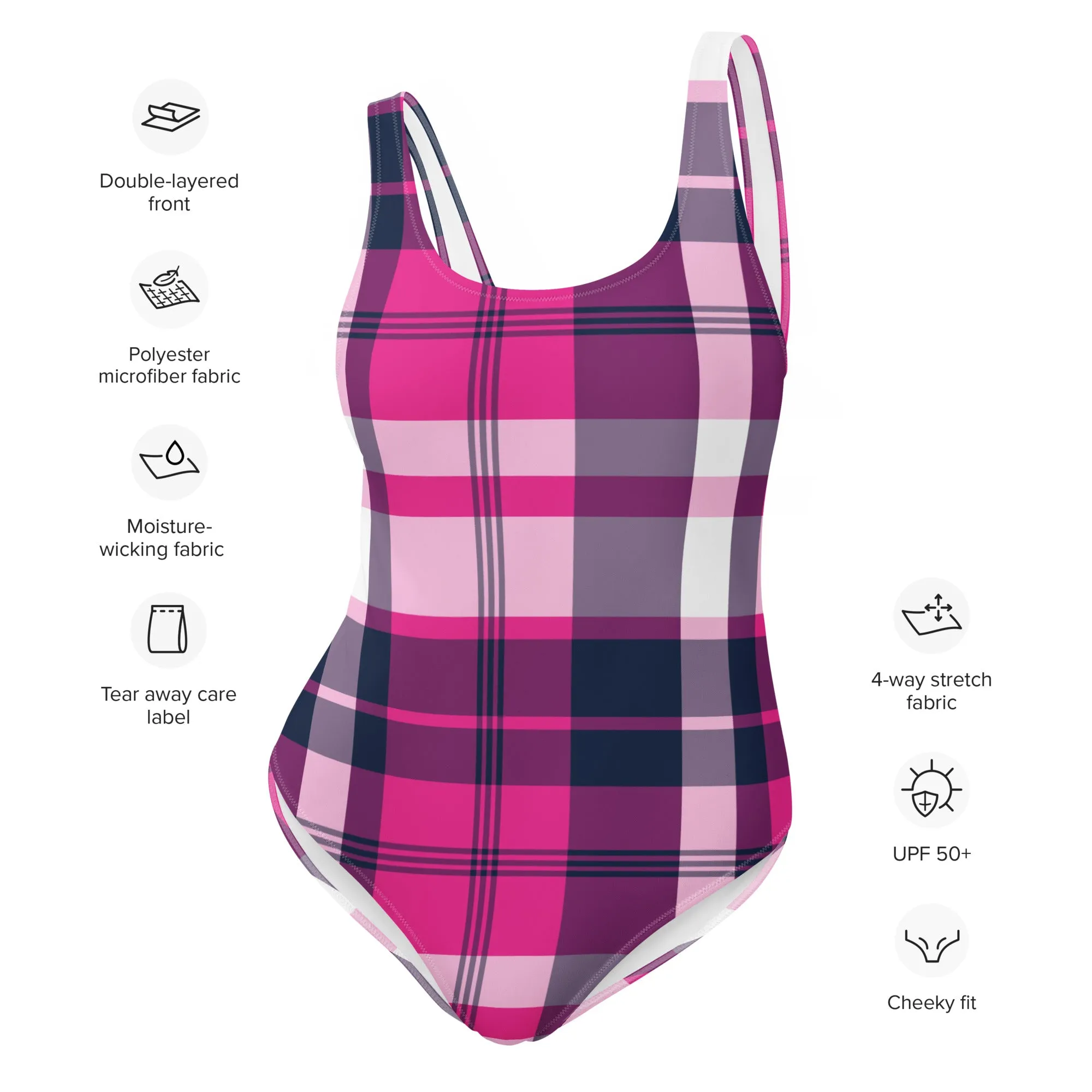 Hot Pink and Navy Blue Preppy Plaid One Piece Women's Swimsuit