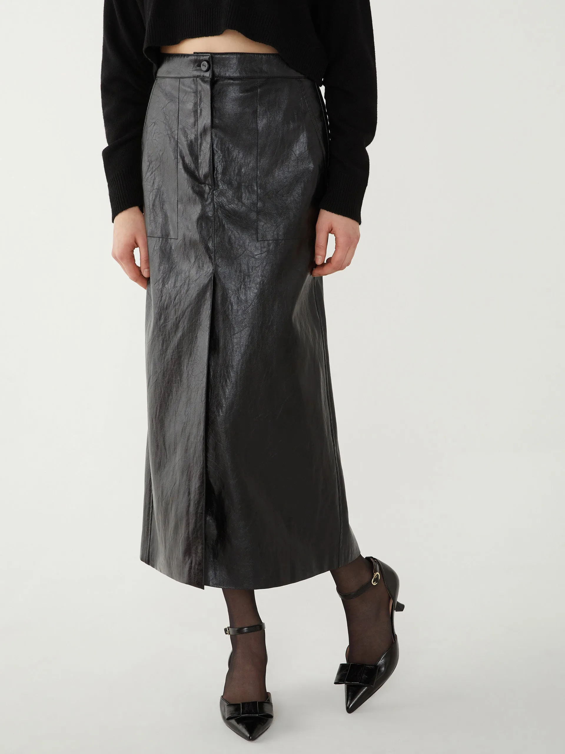 IBLUES Black Leather A-line Skirt