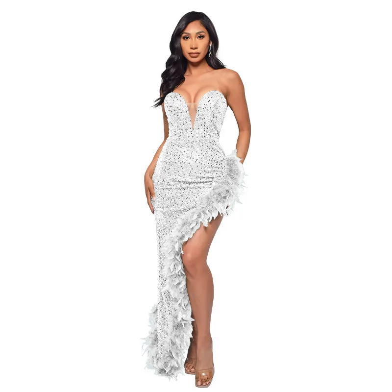 IKEARLAX  Cross Border Women's Tube Top Backless Dress  EBay Pure Desire Temperament Feather Sequins Dress