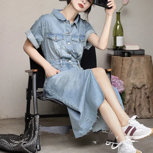 ikearlax Retro Denim Shirt Dress Women's Summer  New  Style Temperament Design Sense Niche Chic Waist-Slimming Dress