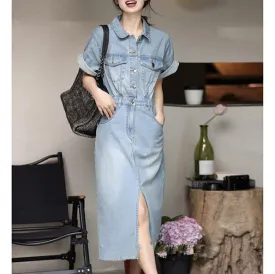 ikearlax Retro Denim Shirt Dress Women's Summer  New  Style Temperament Design Sense Niche Chic Waist-Slimming Dress