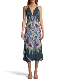 INDIGO MEDALLION SILK MIDI SLIP DRESS in INDIGO