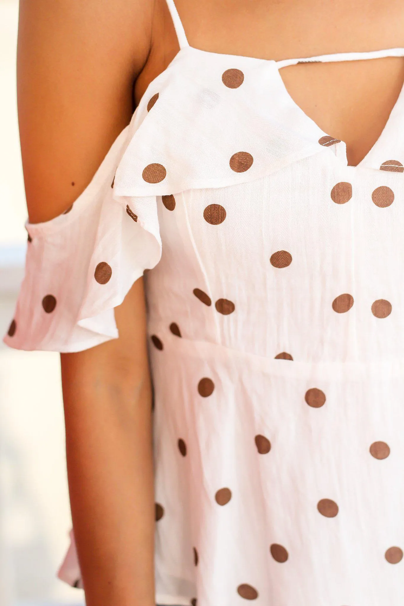 Ivory and Taupe Polka Dot Open Shoulder Top