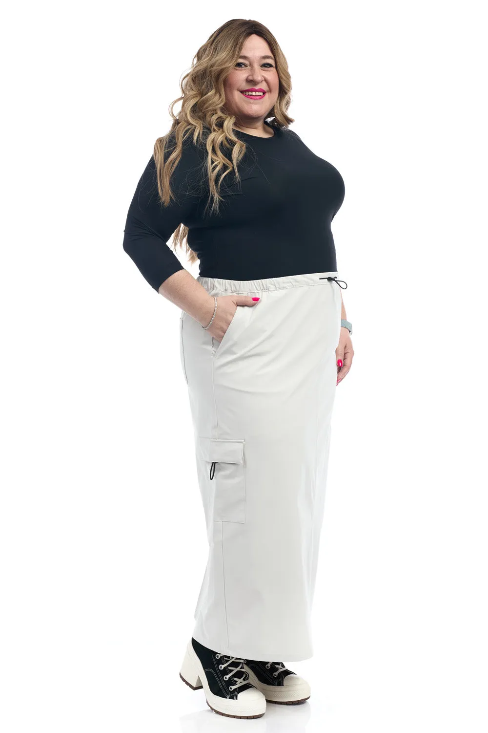 Ivory Midi Length Cargo Skirt with Drawstring and Pockets 'Cali Cargo'