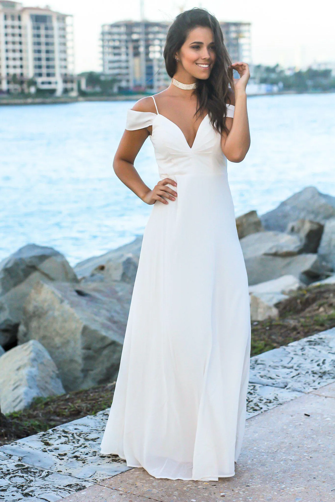 Ivory Off Shoulder Maxi Dress with Tie Back