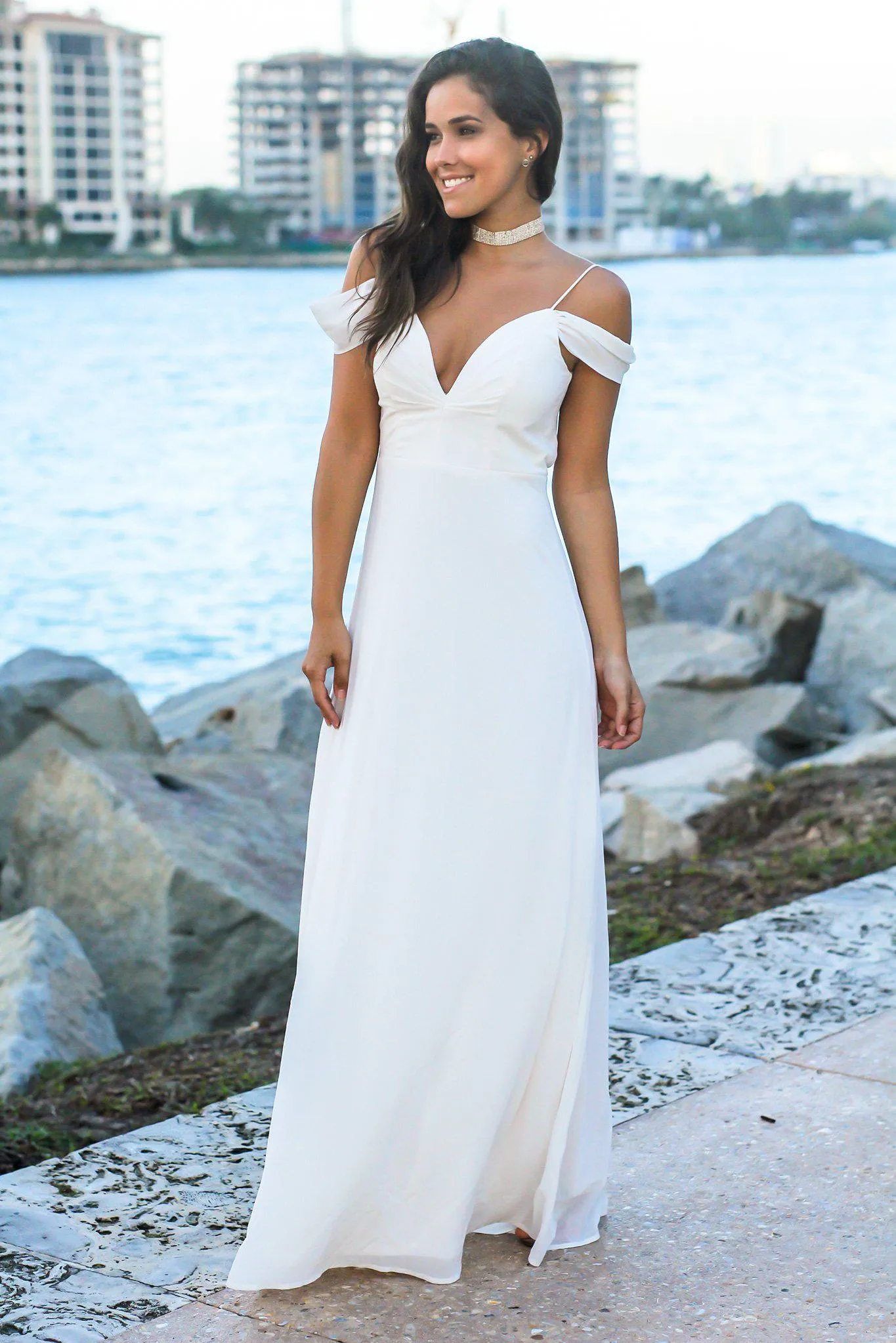 Ivory Off Shoulder Maxi Dress with Tie Back