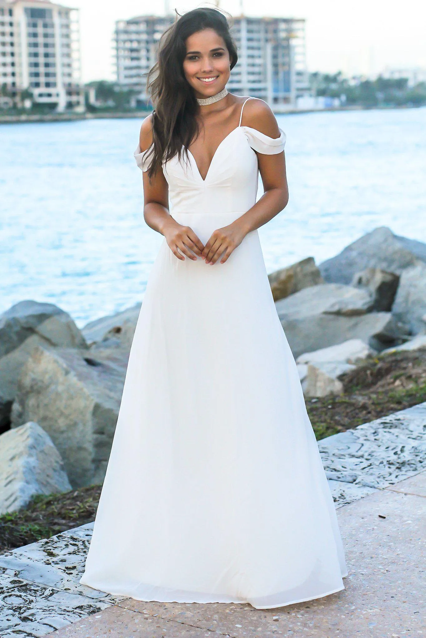 Ivory Off Shoulder Maxi Dress with Tie Back