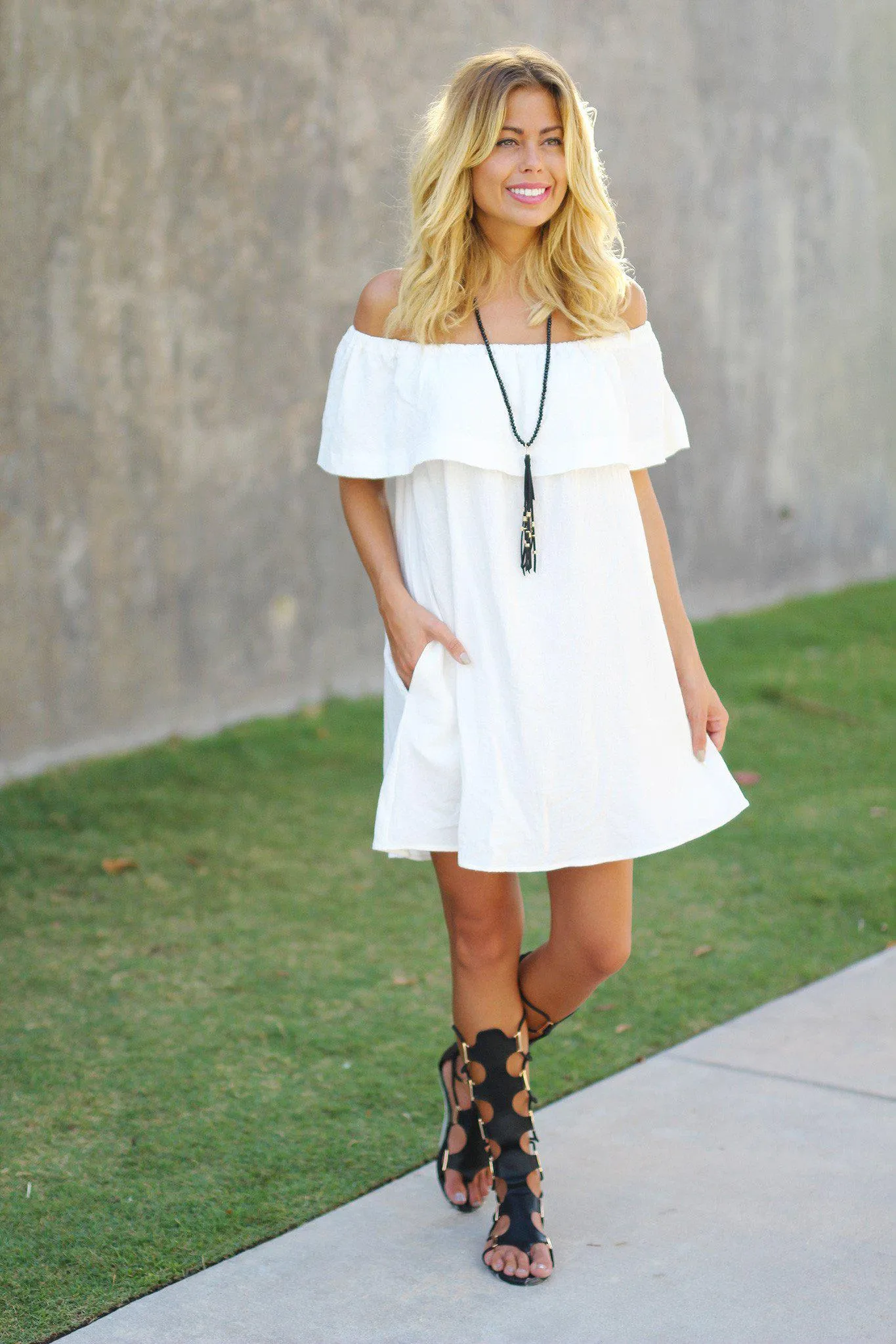 Ivory Off Shoulder Ruffle Short Dress