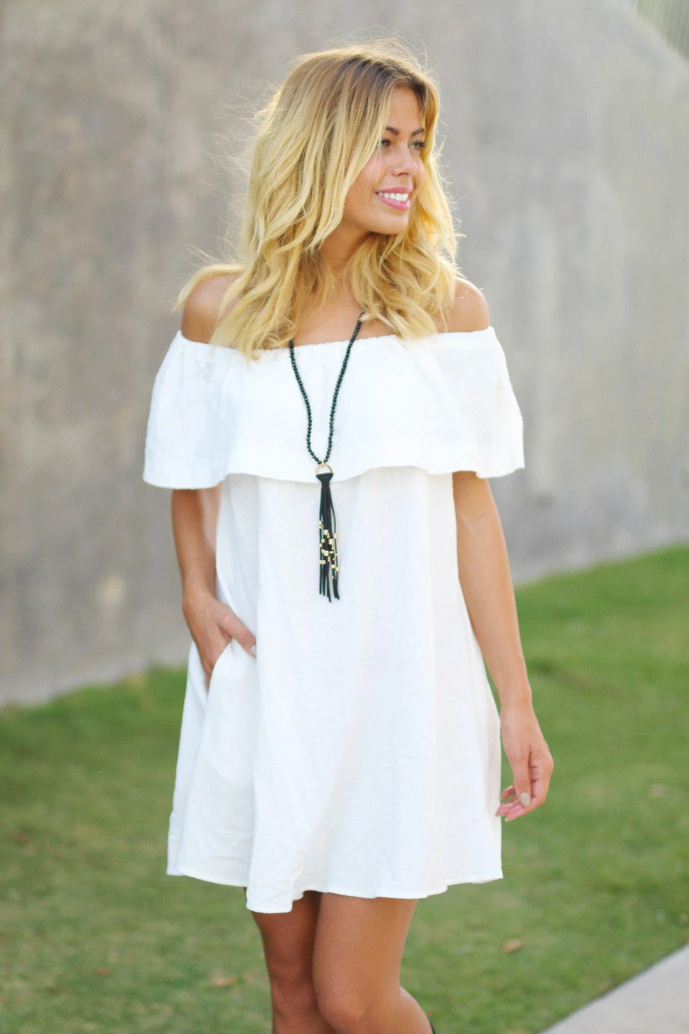 Ivory Off Shoulder Ruffle Short Dress