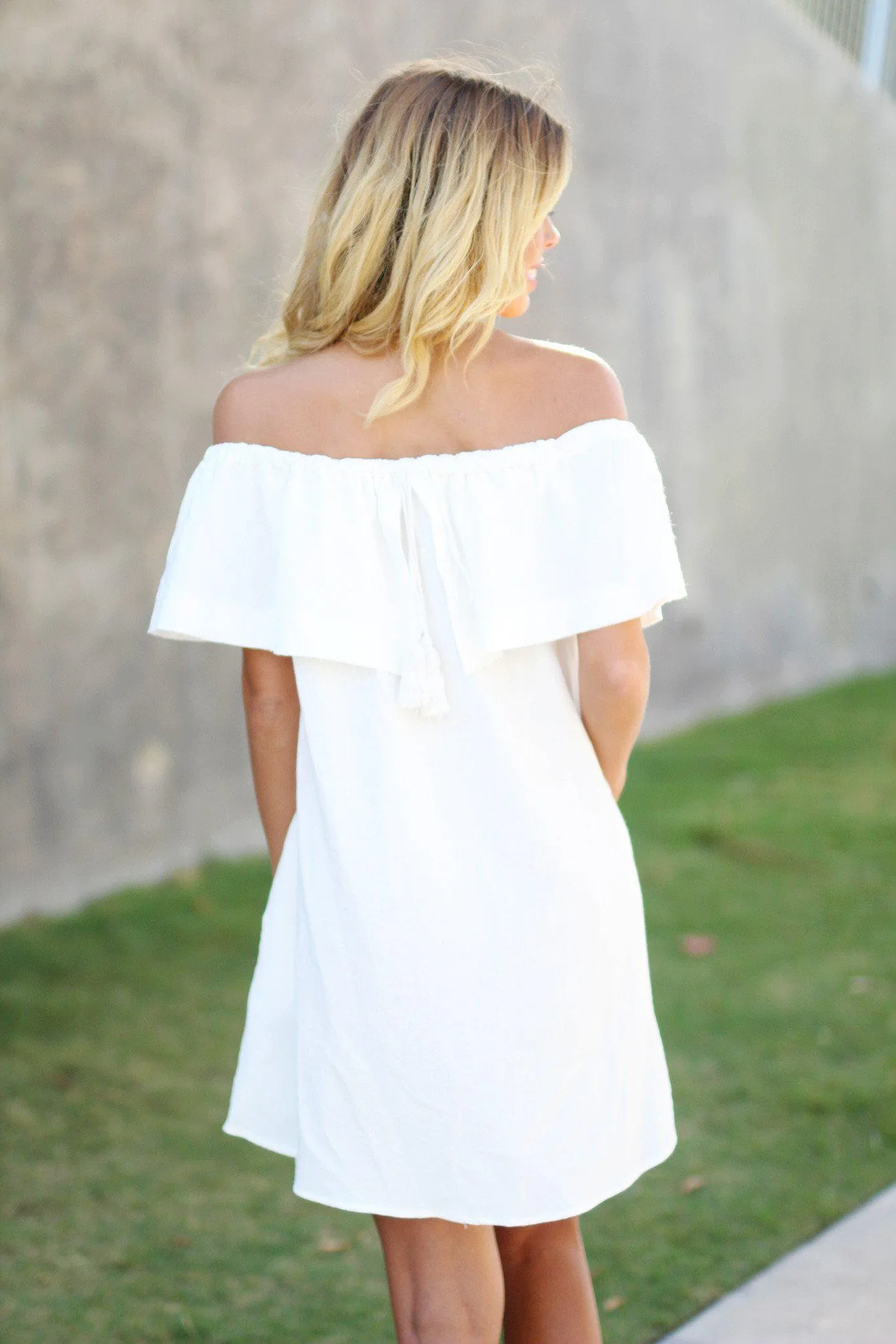 Ivory Off Shoulder Ruffle Short Dress