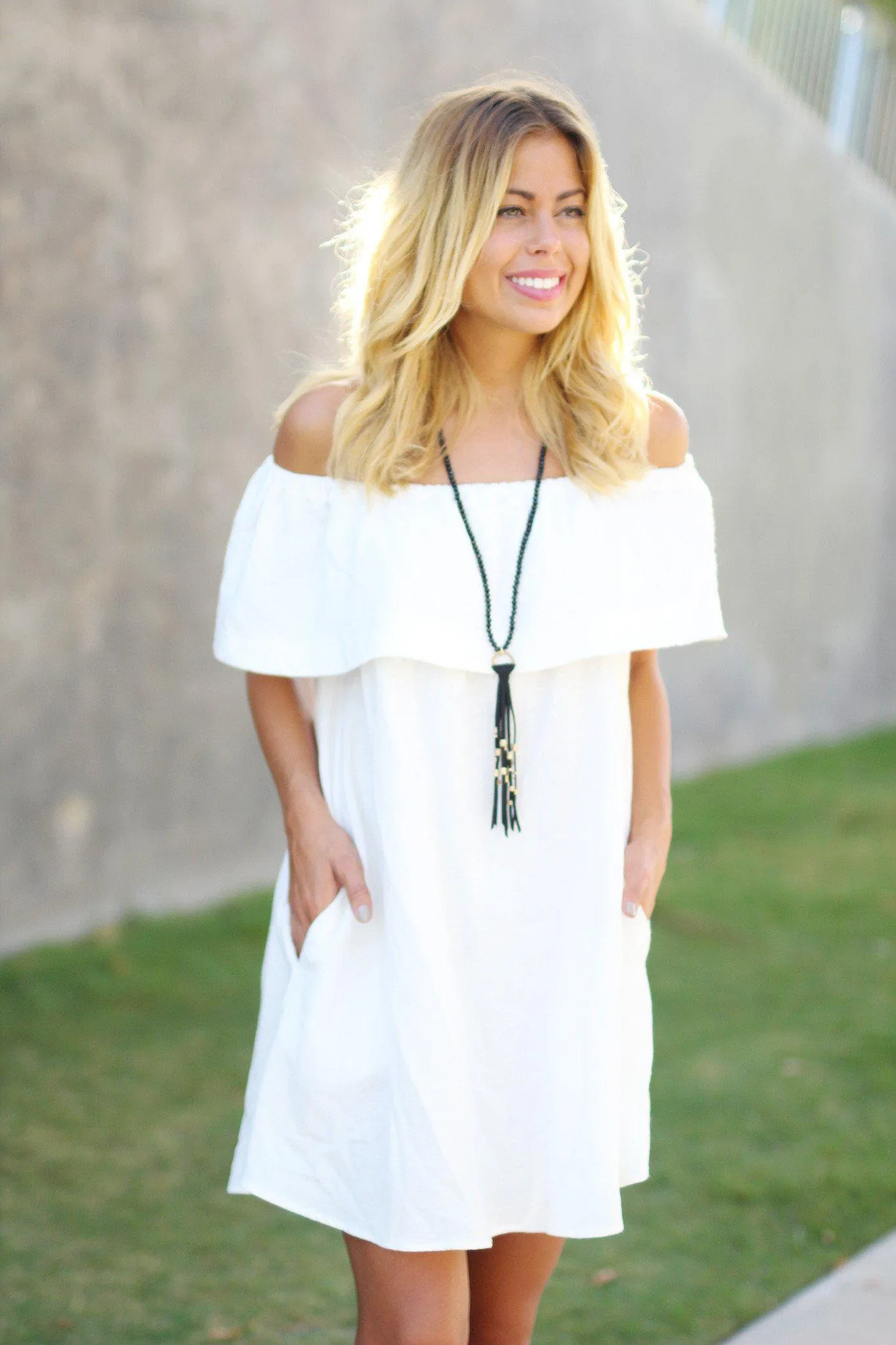 Ivory Off Shoulder Ruffle Short Dress