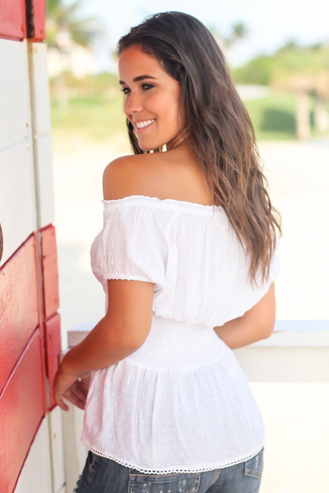 Ivory Off Shoulder Top with Crochet Trim Detail