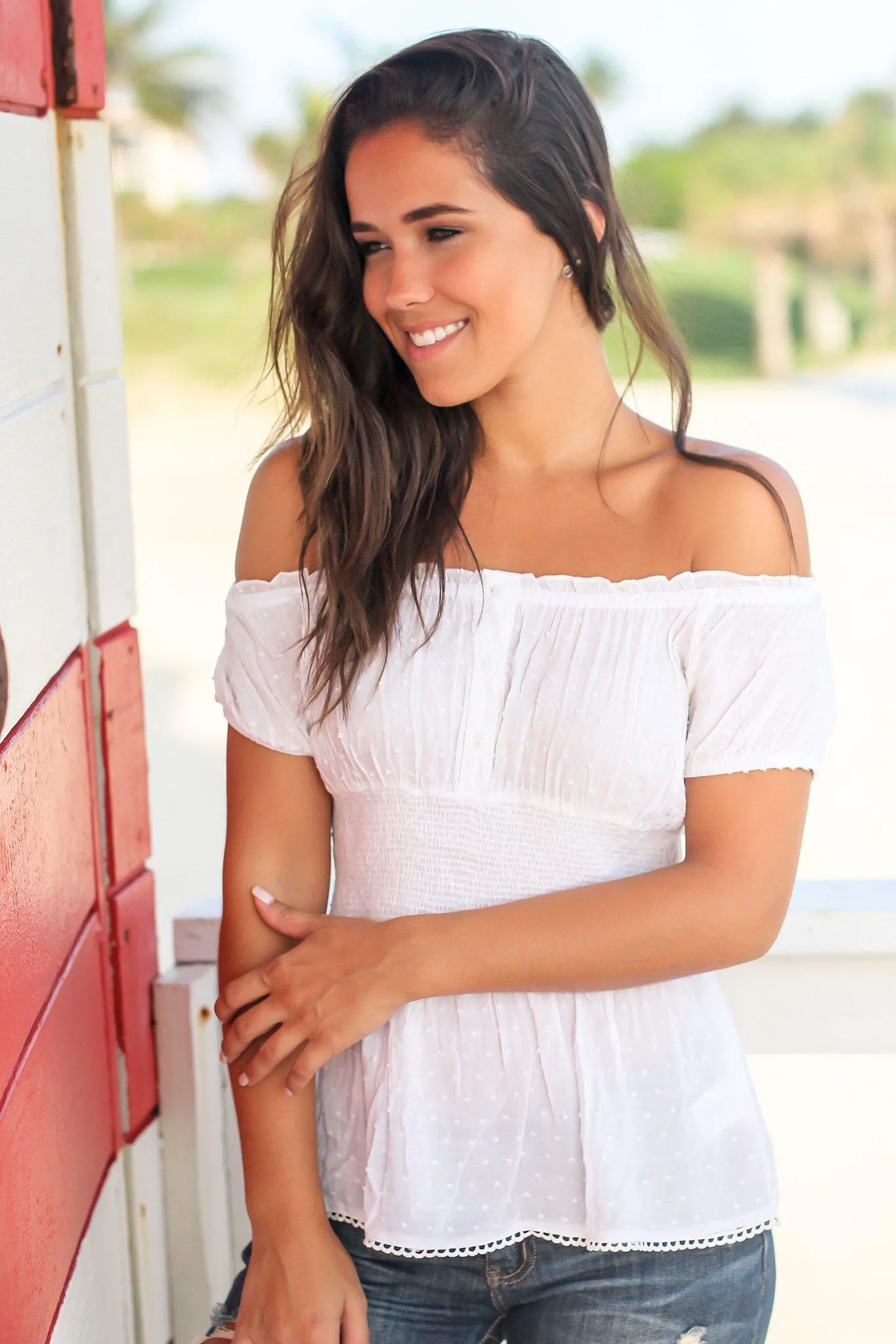 Ivory Off Shoulder Top with Crochet Trim Detail