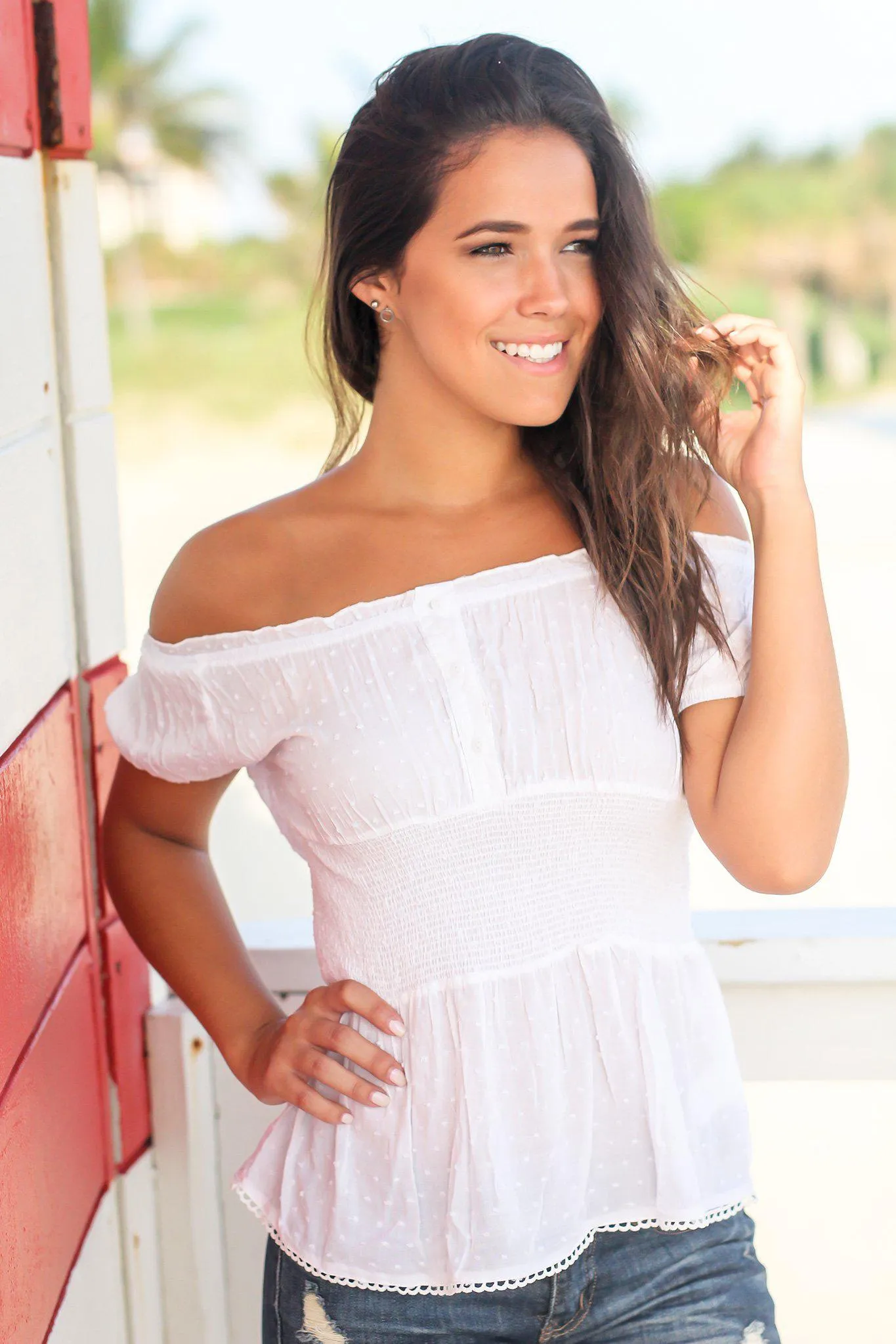 Ivory Off Shoulder Top with Crochet Trim Detail