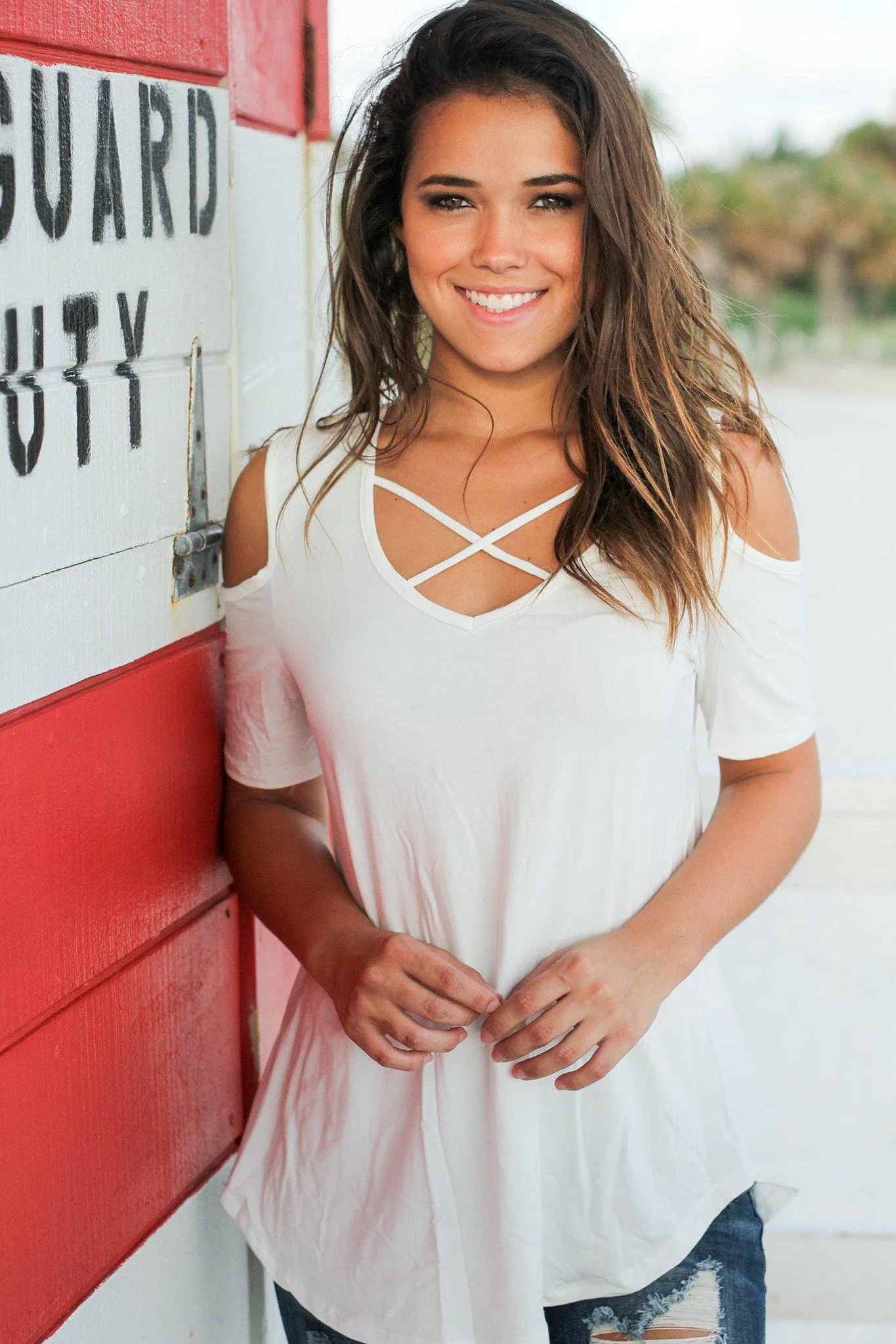 Ivory Open Shoulder Criss Cross Top