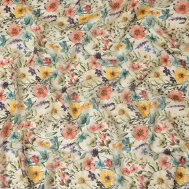 Ivory Synthetic Viscose Fabric with Multicolor Floral Print and Stone Work, 110 cm Width-D20584