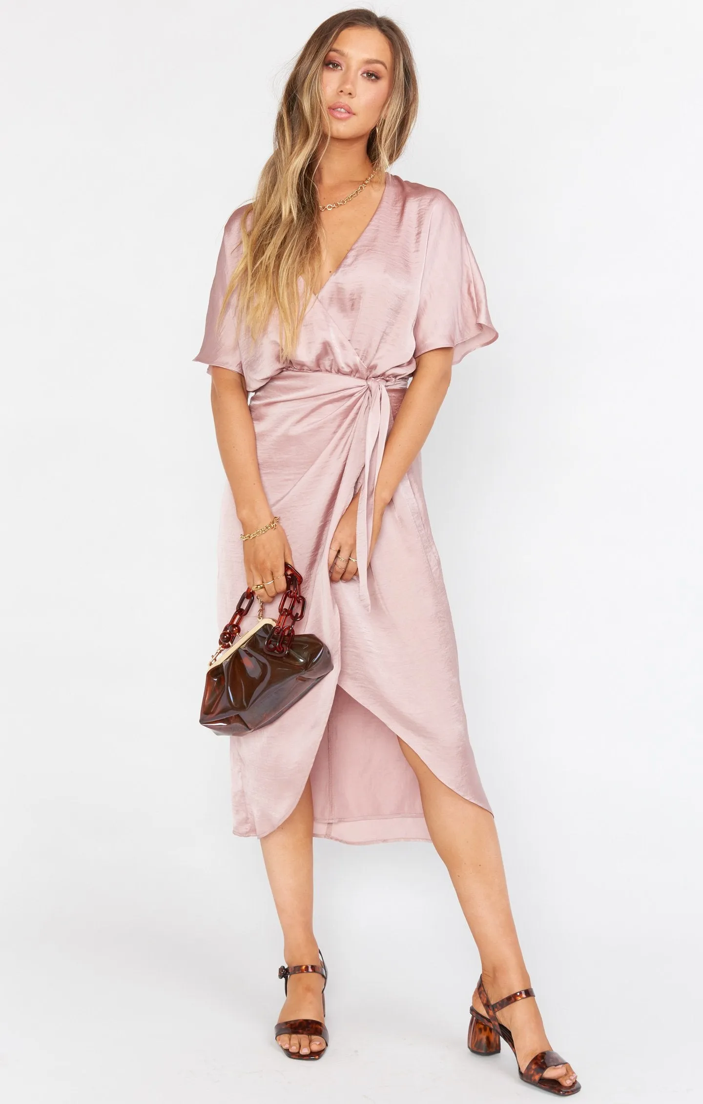 Kimora Wrap Dress ~ Mauve Silky Satin