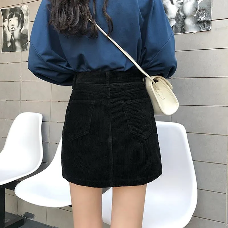 KittenAlarm - High Waist Slim Black Corduroy Skirt