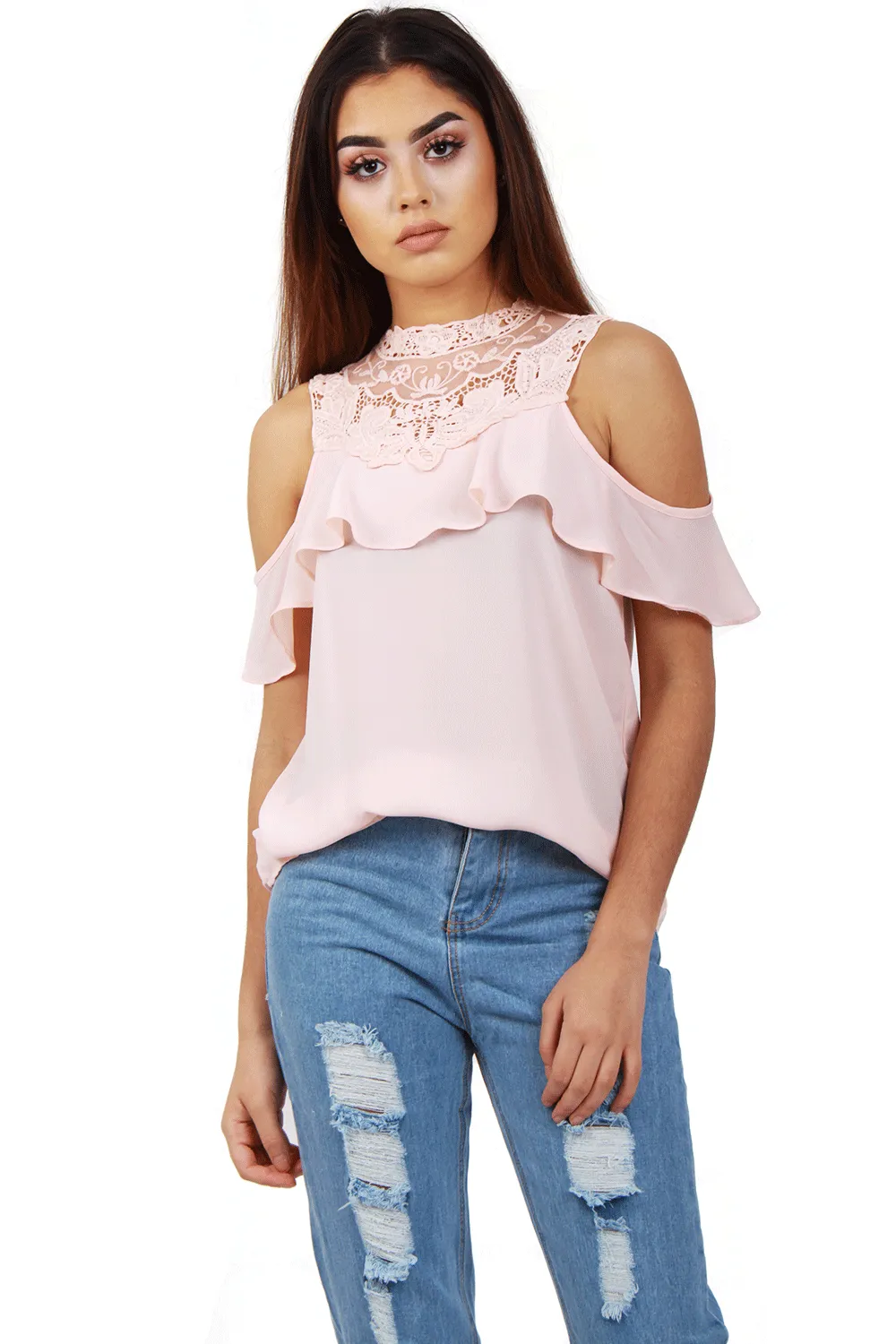 Lace Applique Ruffle Cold Shoulder Top