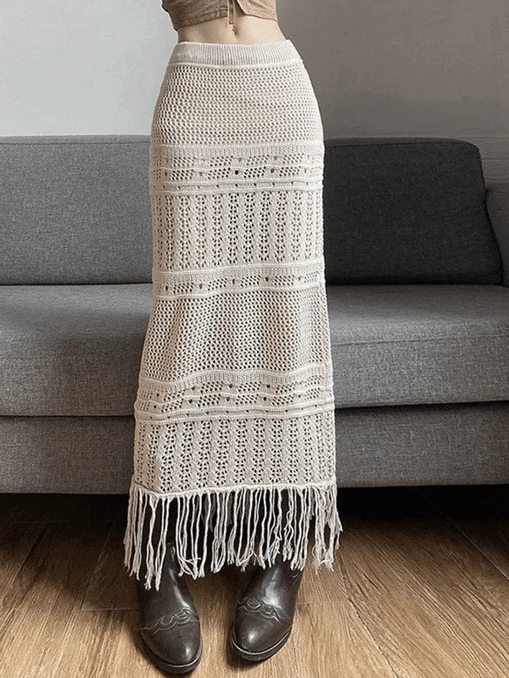 LANFUBEISI - Fringed Crochet Hollow Knit Long Skirt