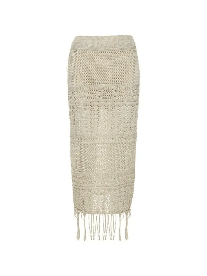 LANFUBEISI - Fringed Crochet Hollow Knit Long Skirt