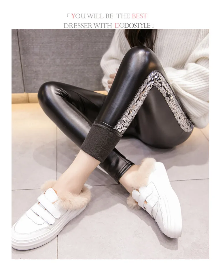 Leather Velvet Women High Waist pants