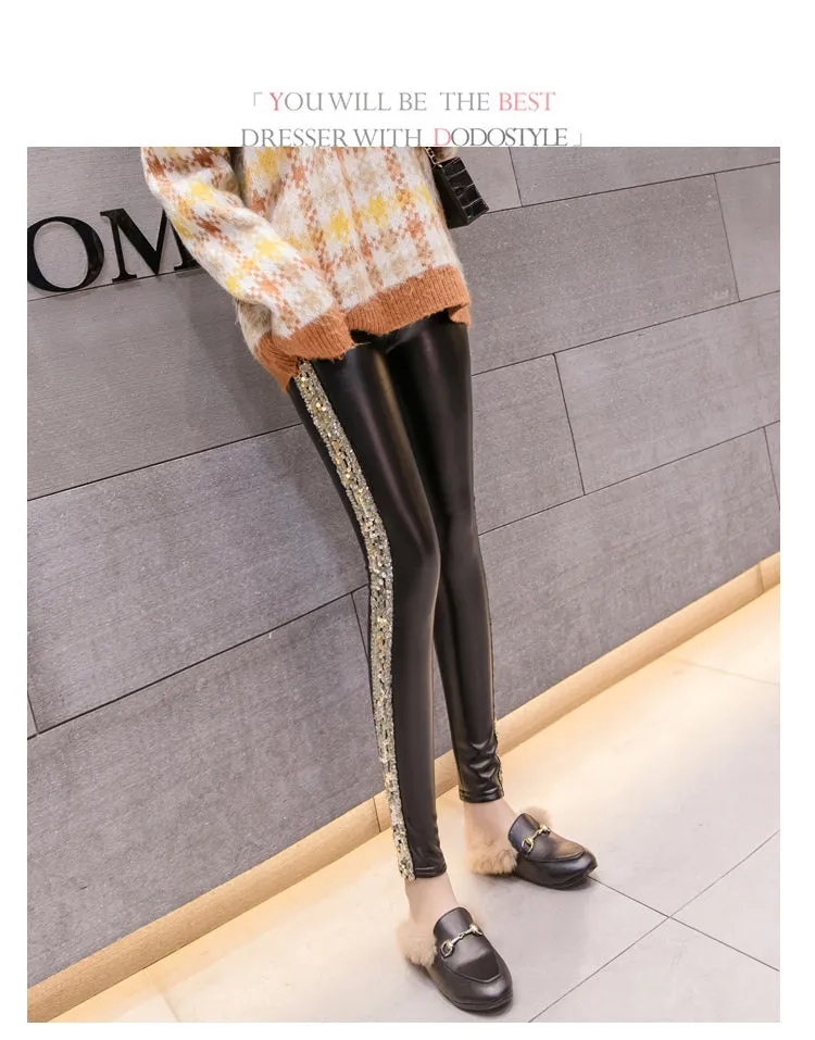 Leather Velvet Women High Waist pants