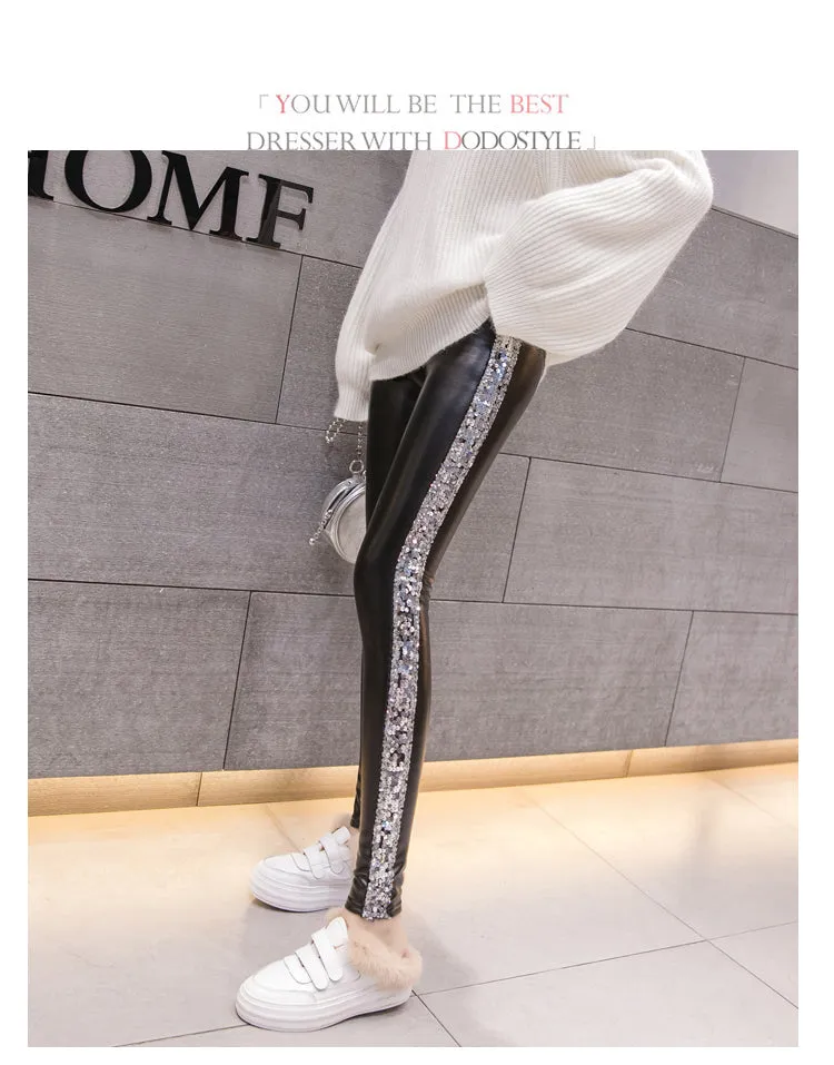 Leather Velvet Women High Waist pants