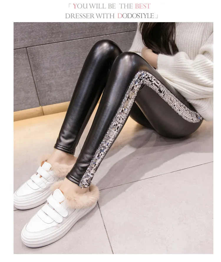 Leather Velvet Women High Waist pants