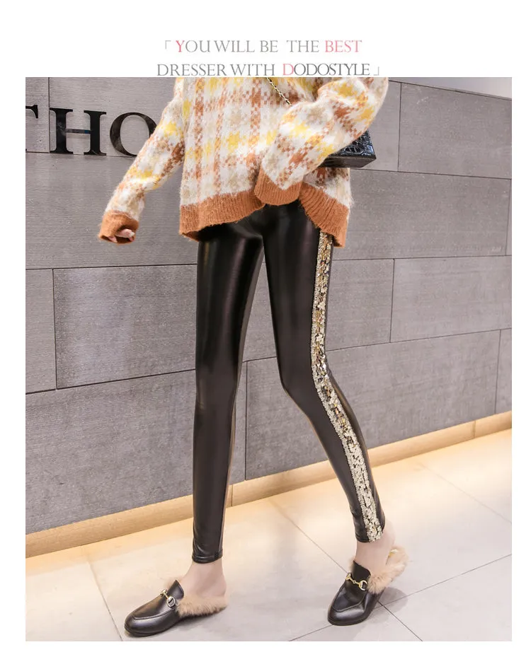 Leather Velvet Women High Waist pants