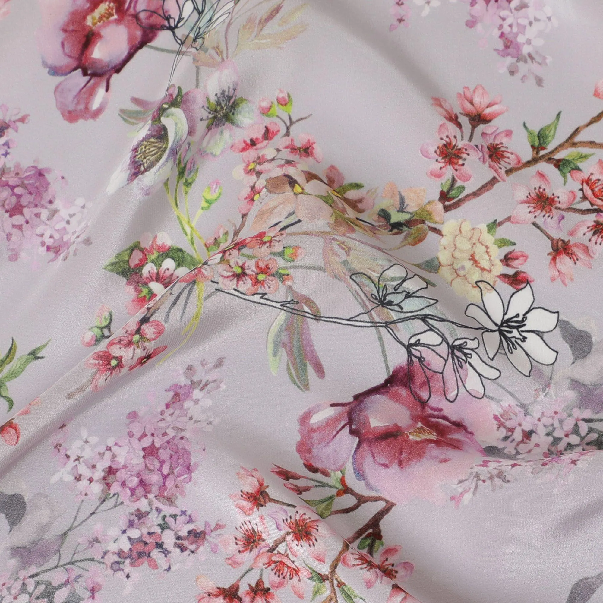 Light lilac synthetic crepe fabric with multicolor print in floral design-D14459