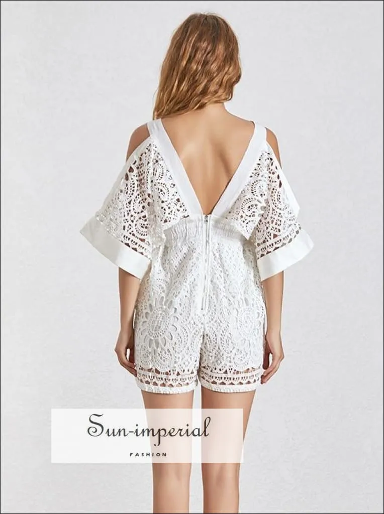 Limoges Romper - White Lace Short V Neck Cold Shoulder Backless High Waist Jumpsuit