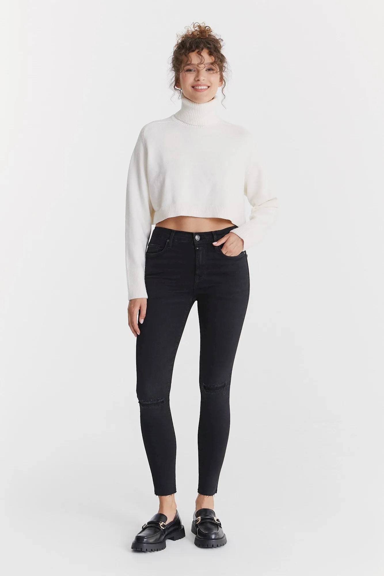 Lina High Waist 5 Pocket Ankle Pants Black Destroyed