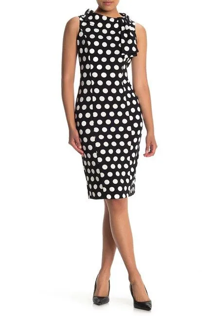 London Times Bateau Neck Polka Dot Sheath Dress