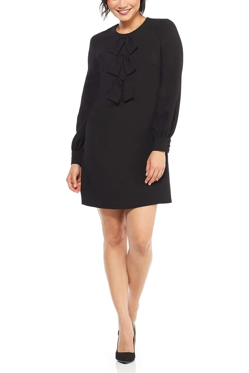 London Times Crew Neck Tie Front Detail Long Sleeve Zipper Back Solid Crepe Dress