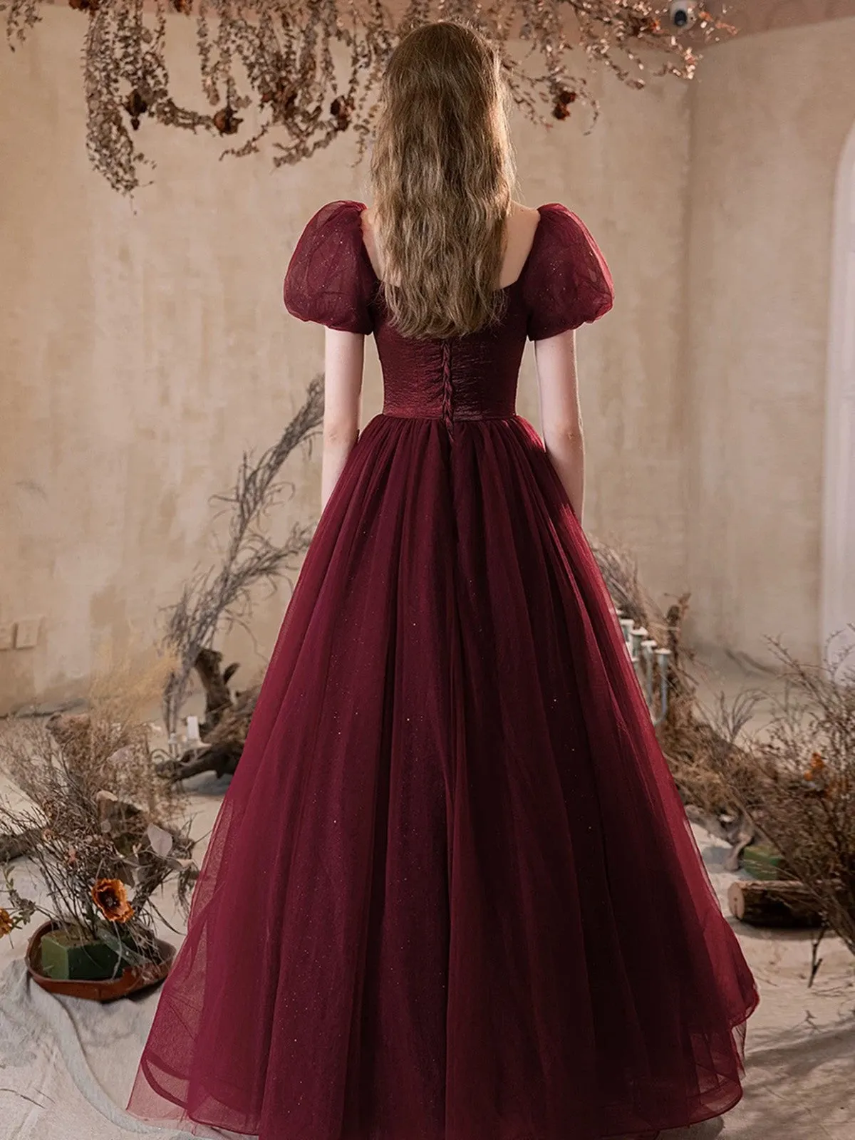 Maroon Shiny Tulle Short Sleeves Sweetheart Party Dress, Maroon Prom Dress