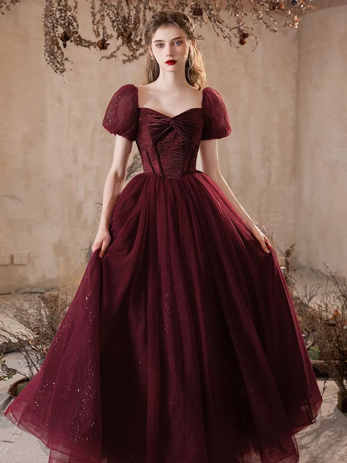 Maroon Shiny Tulle Short Sleeves Sweetheart Party Dress, Maroon Prom Dress