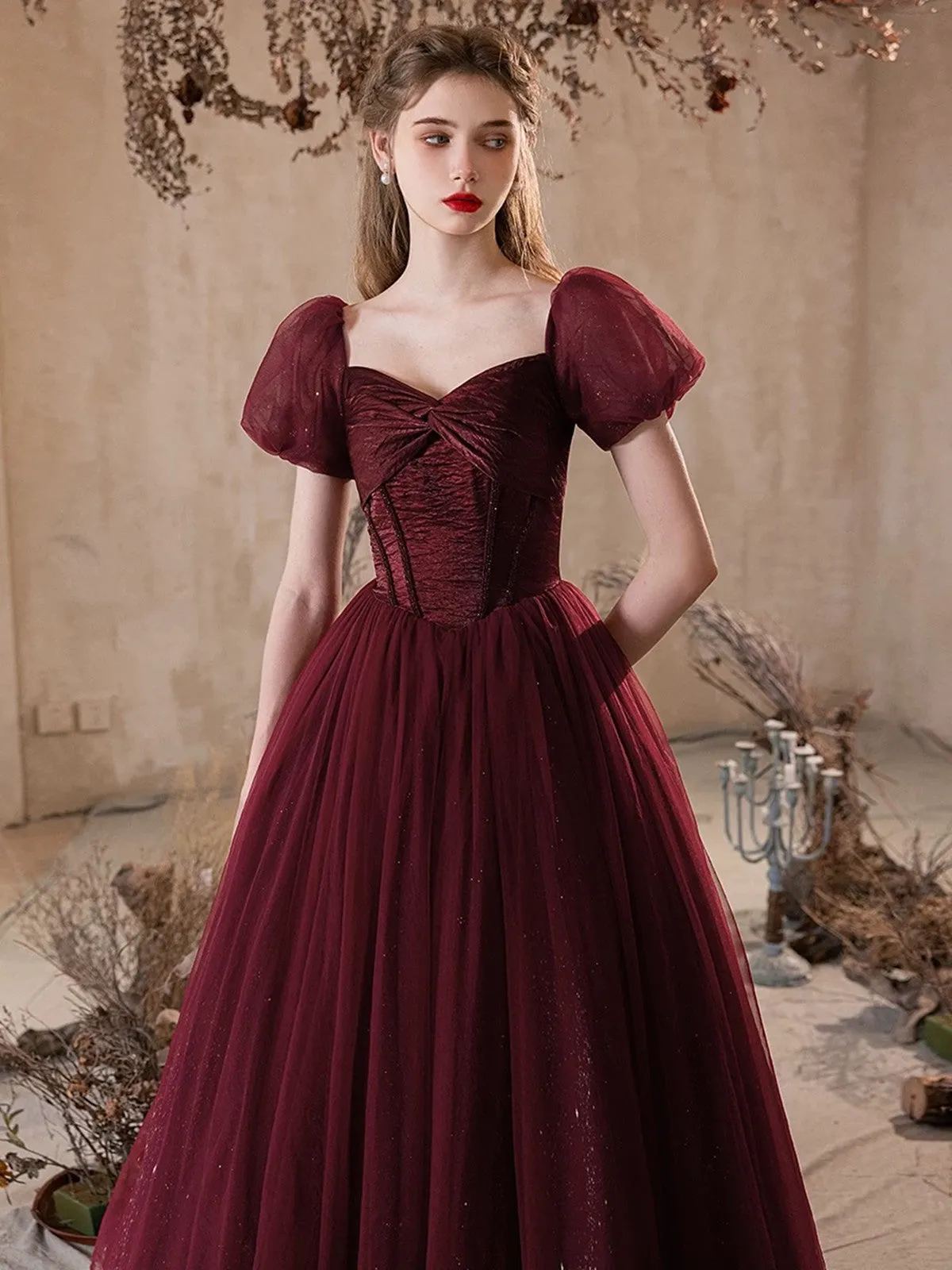 Maroon Shiny Tulle Short Sleeves Sweetheart Party Dress, Maroon Prom Dress