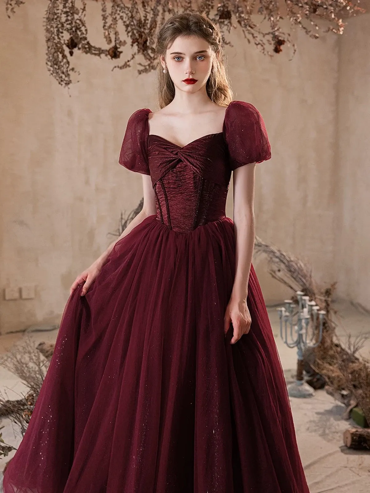 Maroon Shiny Tulle Short Sleeves Sweetheart Party Dress, Maroon Prom Dress