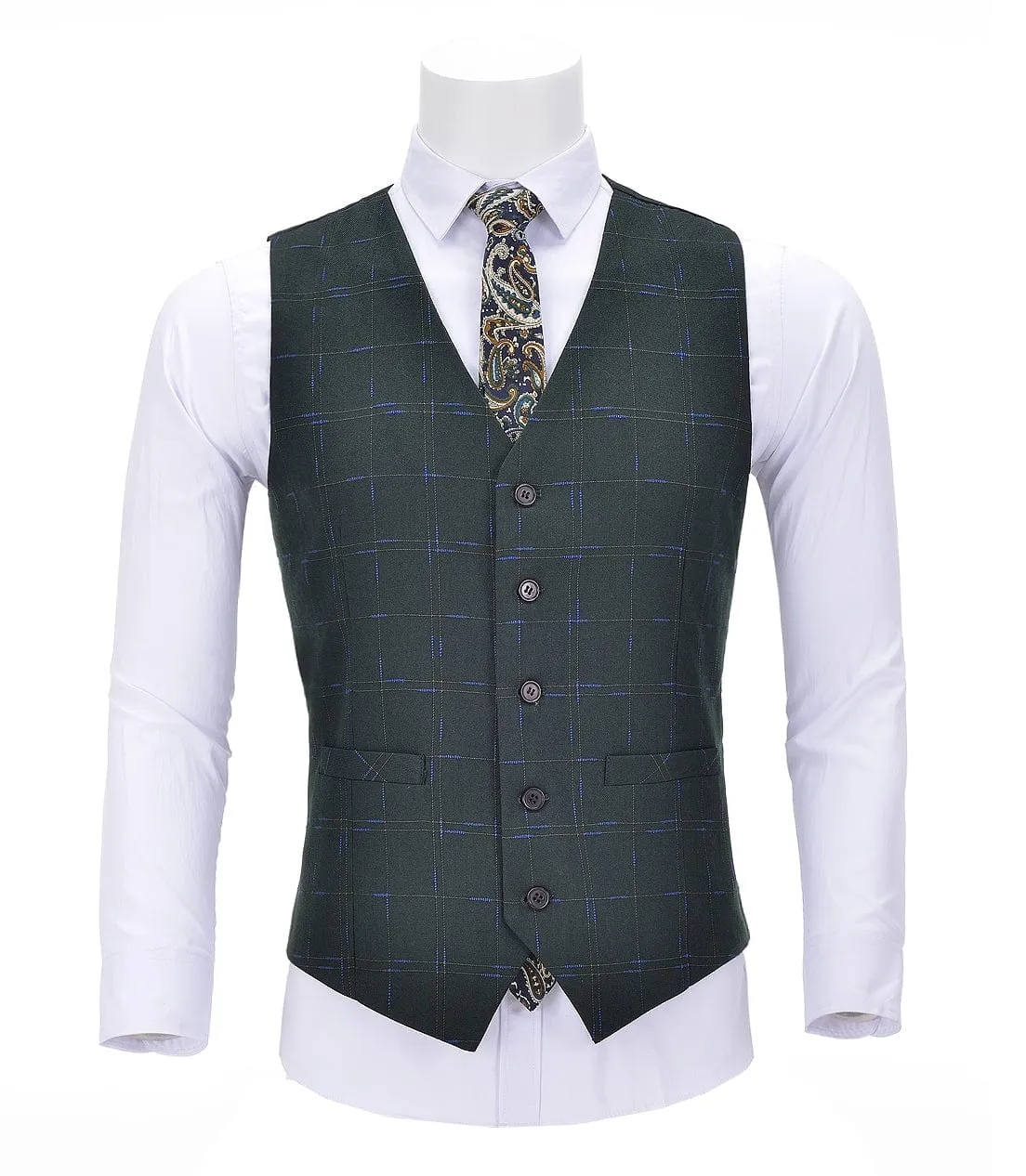 Men Formal V Neck Vest 5 Buttons Plaid Waistcoat