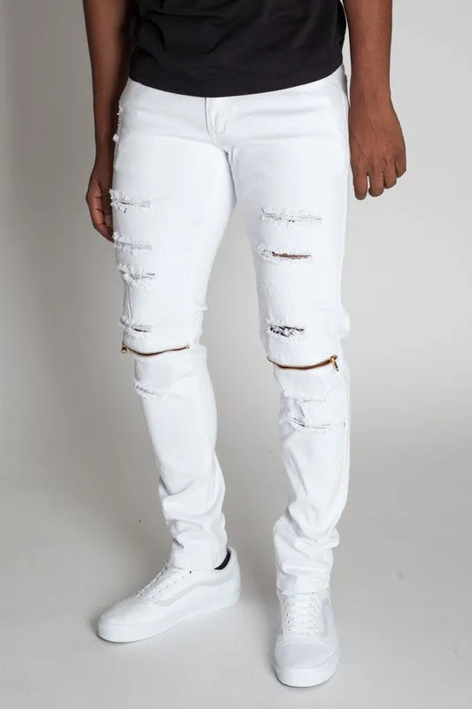 MEN'S DESTROYED SKINNY JEANS GOLD KNEE ZIPPER DETAILS