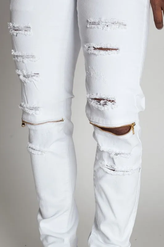 MEN'S DESTROYED SKINNY JEANS GOLD KNEE ZIPPER DETAILS