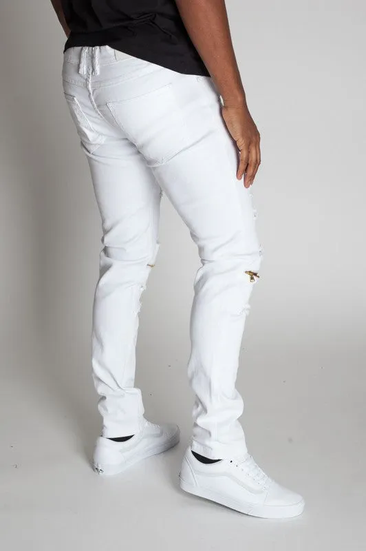 MEN'S DESTROYED SKINNY JEANS GOLD KNEE ZIPPER DETAILS