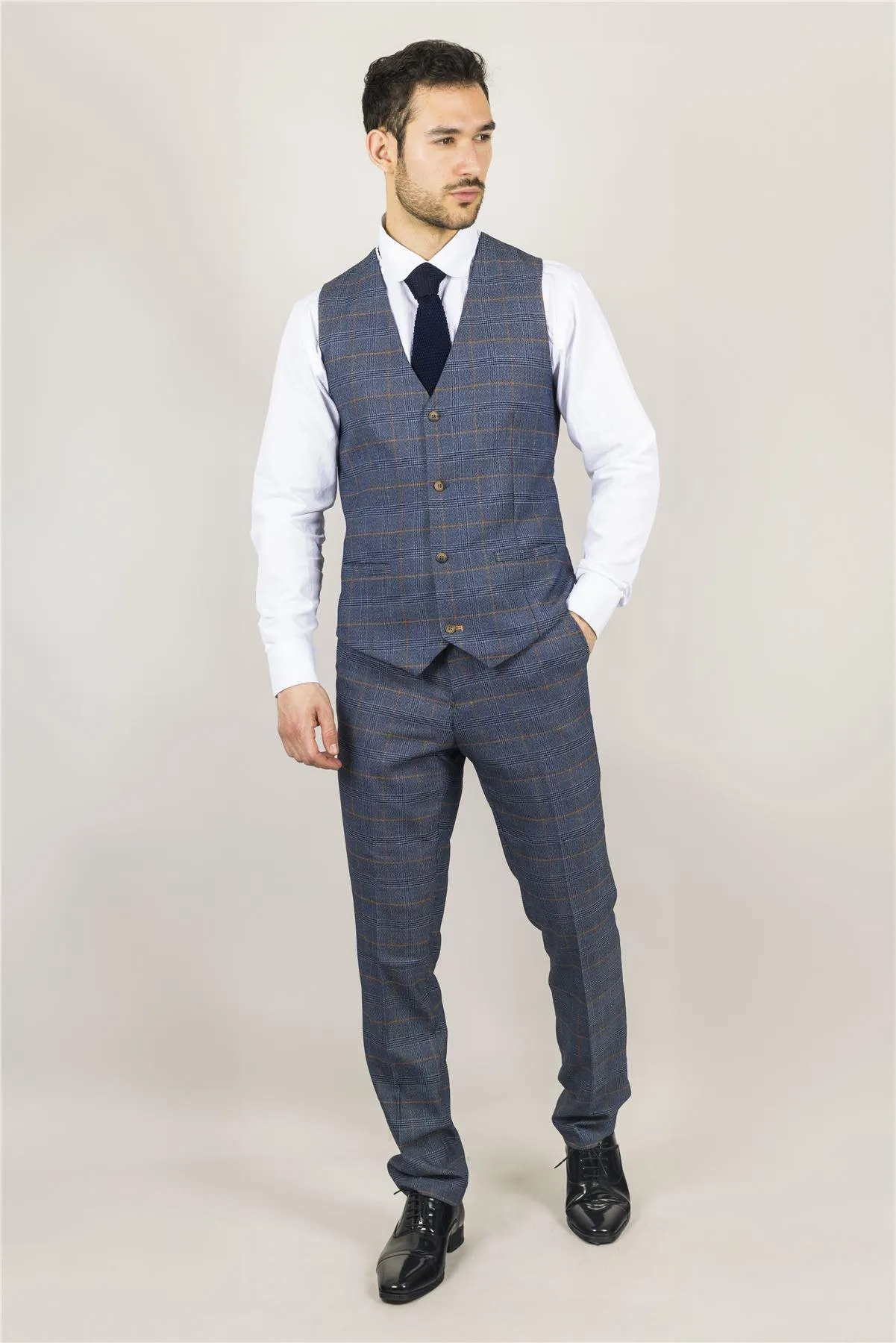 Men's Suit 3 Piece Navy Blue Checked Classic Plaid Tailored Fit Formal Dress