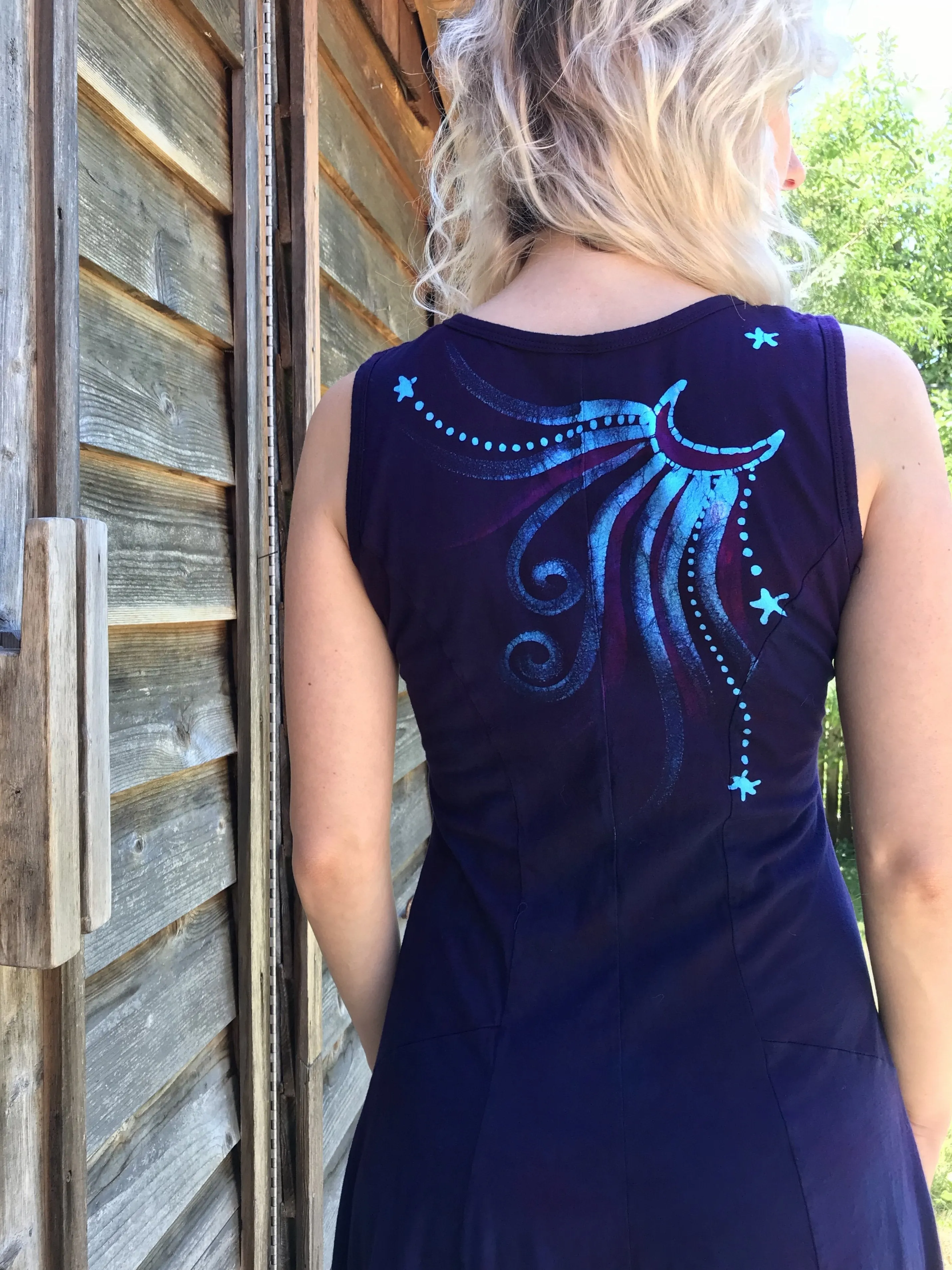 Midnight Moonbeams & Purple Star Glow Handmade Batik Dress