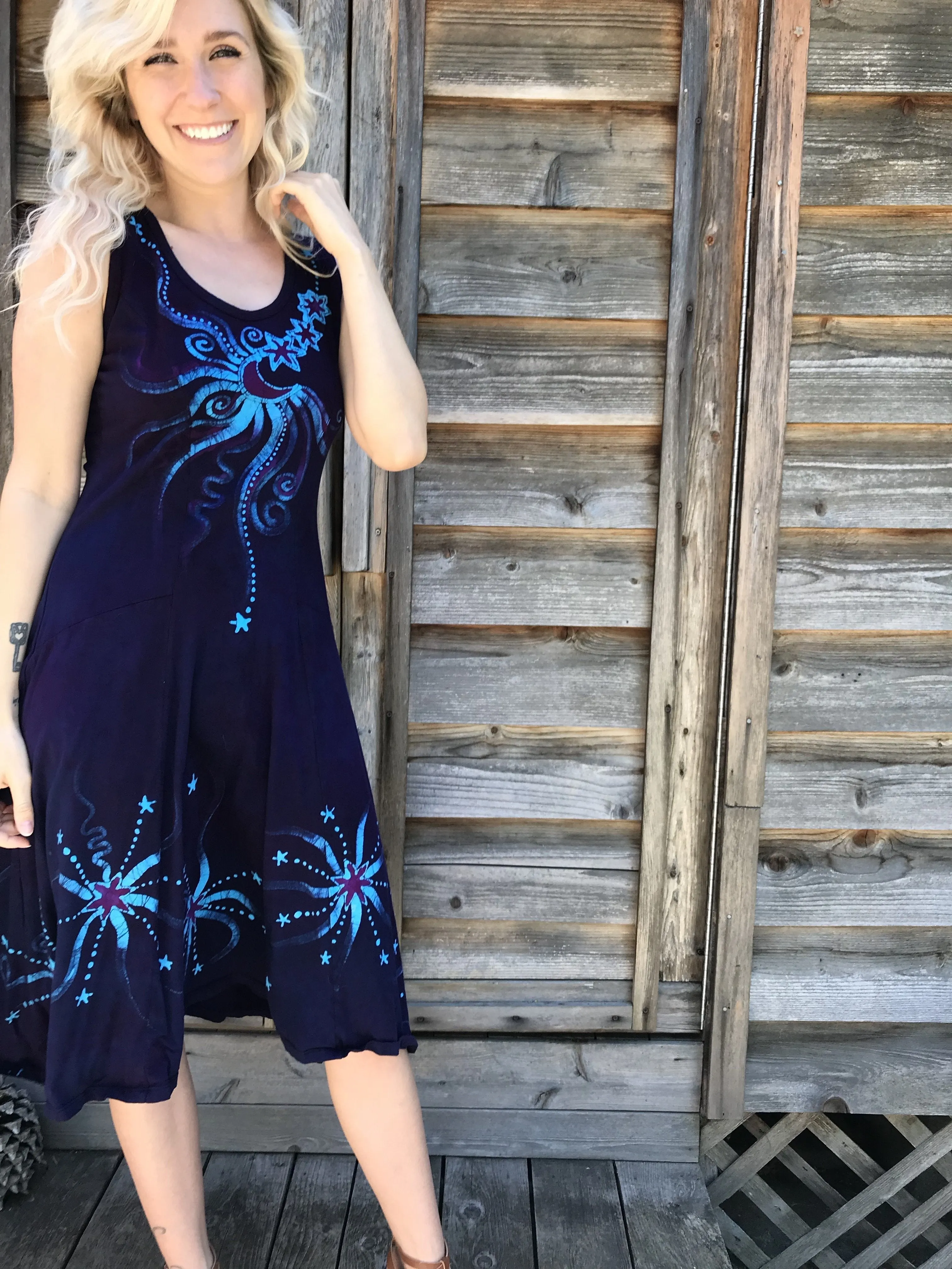 Midnight Moonbeams & Purple Star Glow Handmade Batik Dress