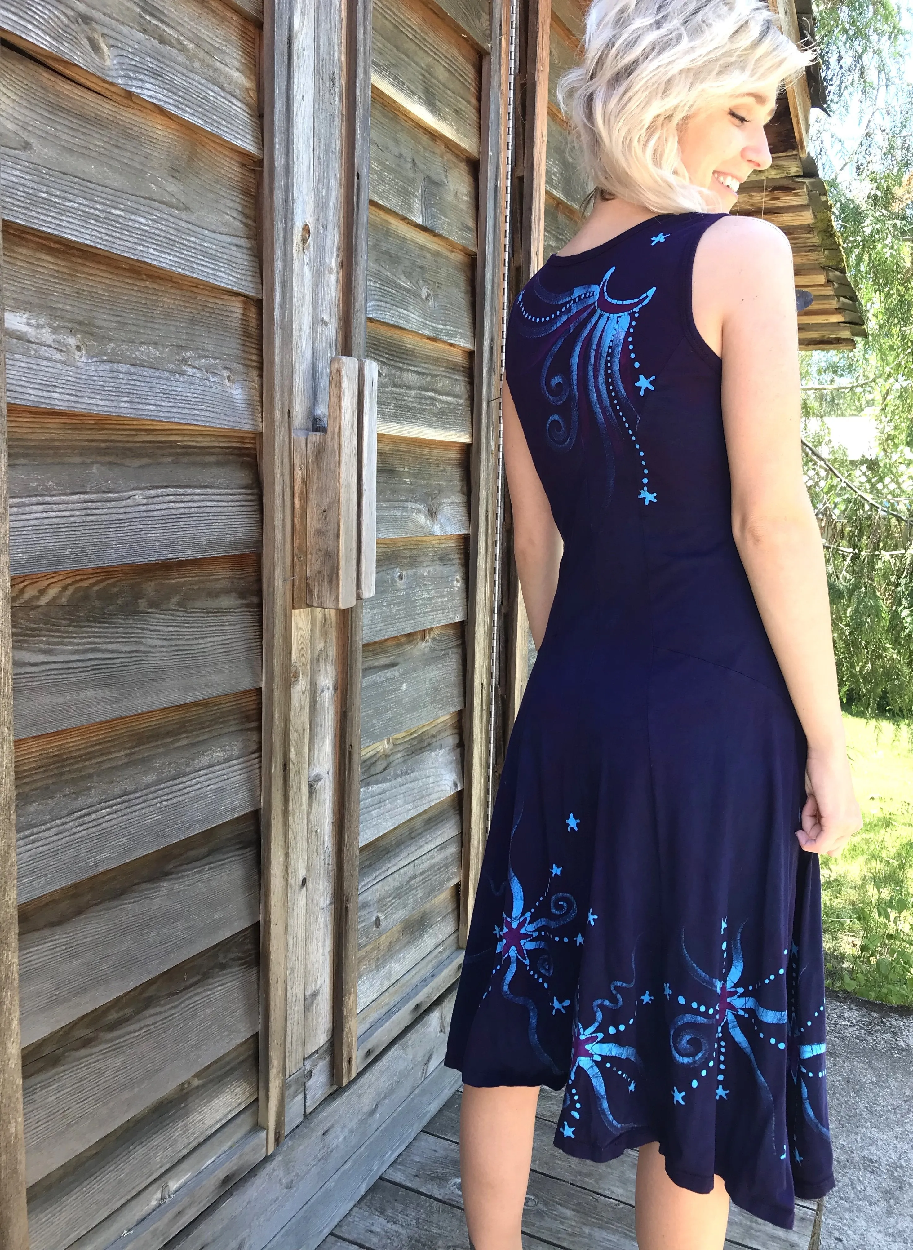 Midnight Moonbeams & Purple Star Glow Handmade Batik Dress