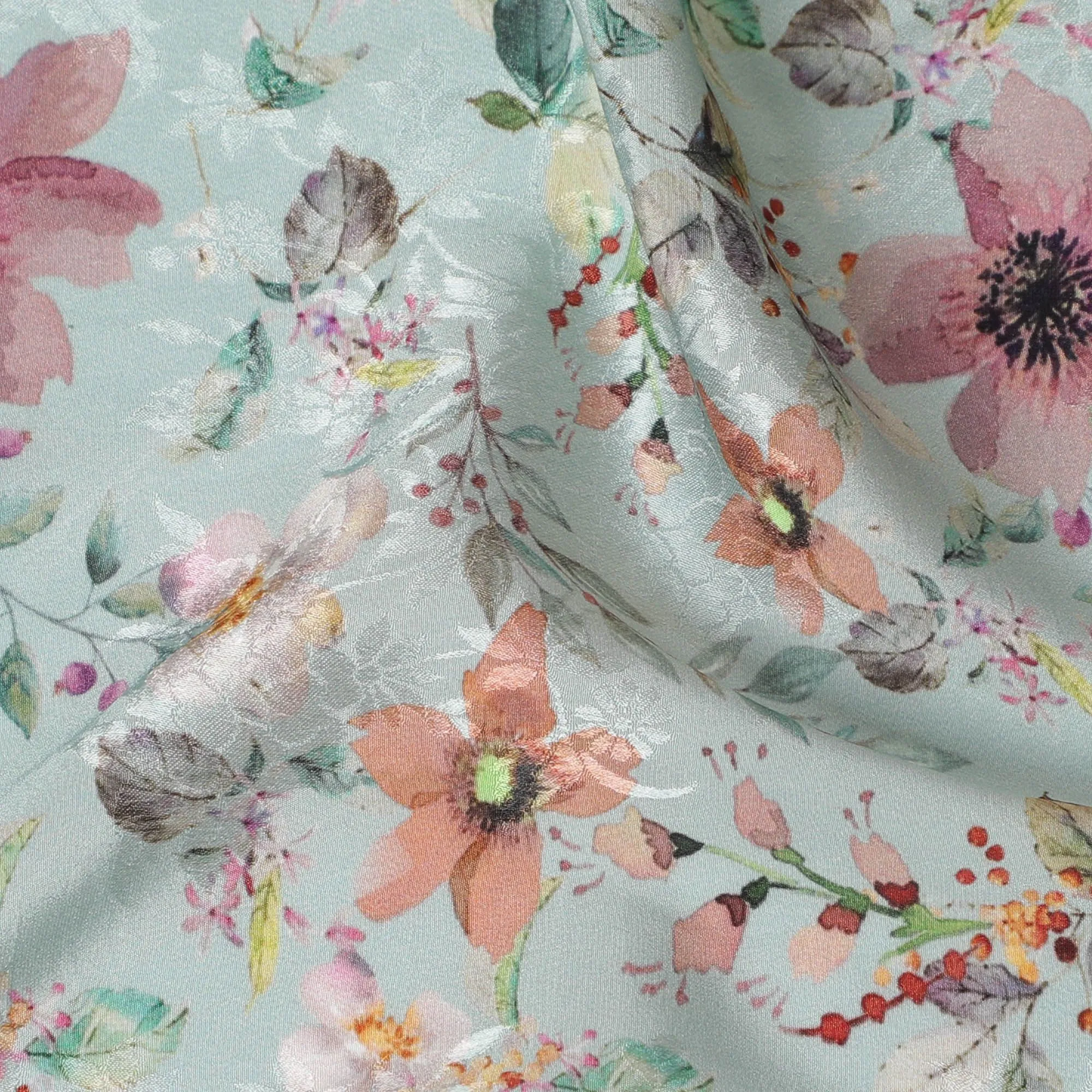 Mint Blossom Synthetic Crepe Fabric, 110cm Width - Floral Serenity from India-D17935