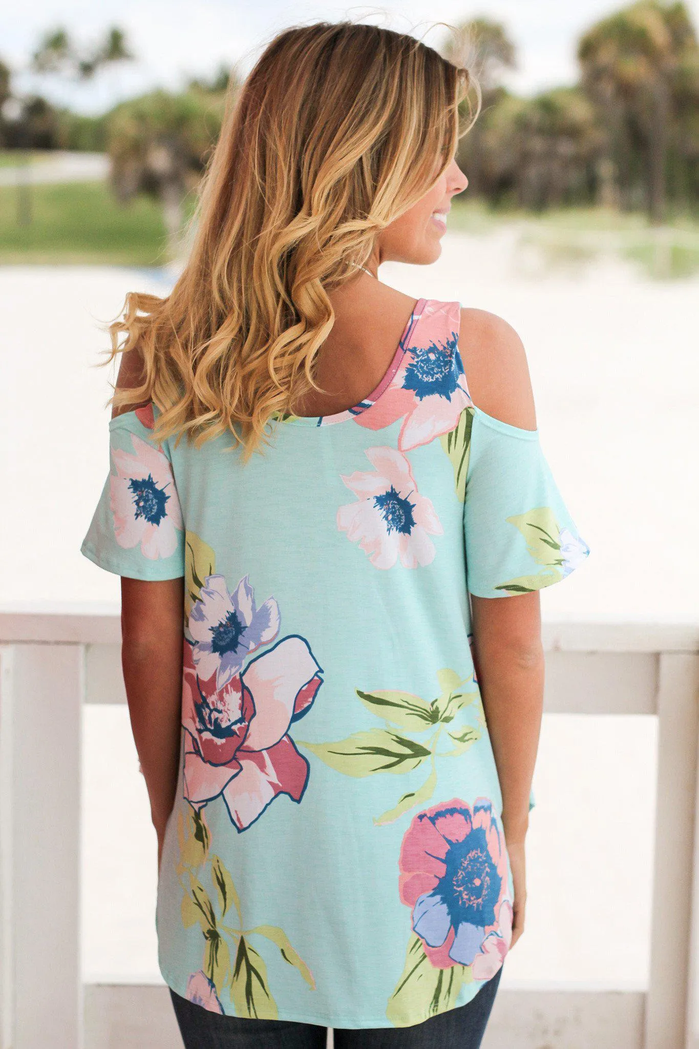 Mint Open Shoulder Floral Top