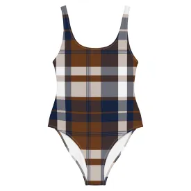 Navy Blue and Brown Preppy Plaid One Piece Women's Swimsuit